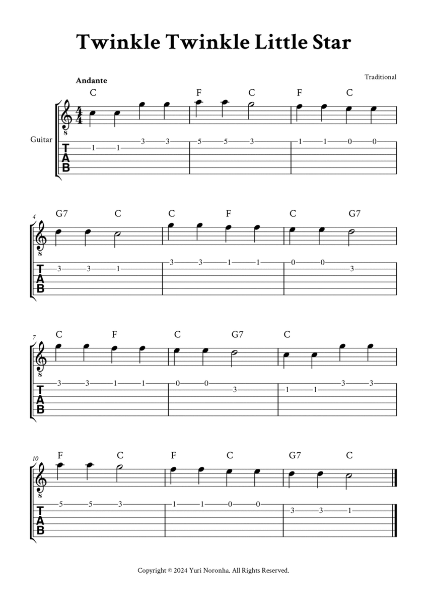 Twinkle Twinkle Little Star - Easy Guitar (C Major - with TAB, Chords) image number null