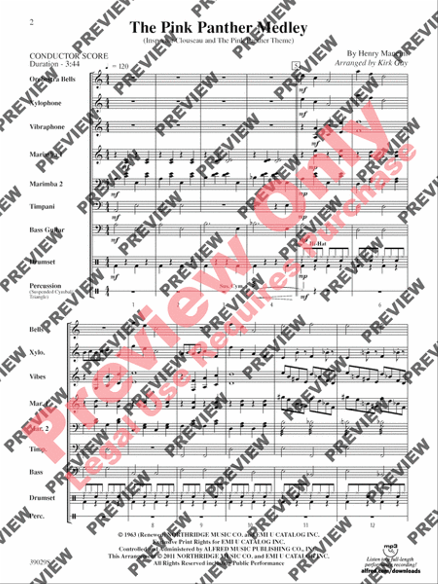 The Pink Panther Medley (Inspector Clouseau and The Pink Panther Theme) Percussion Ensemble scores gallery preview page 3