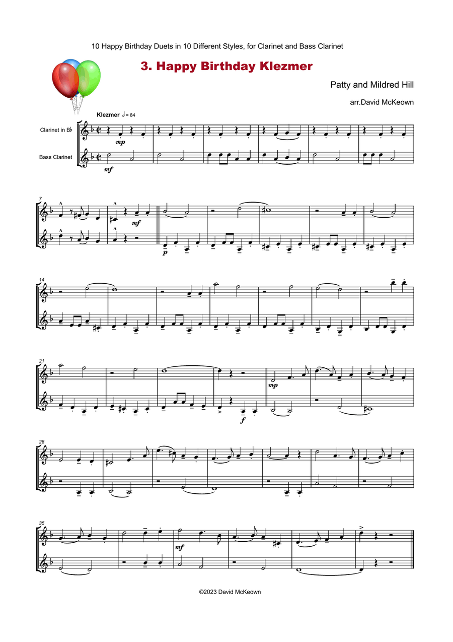 10 Happy Birthday Duets, (in 10 Different Styles), for Clarinet and Bass Clarinet Clarinet Duet scores gallery preview page 4