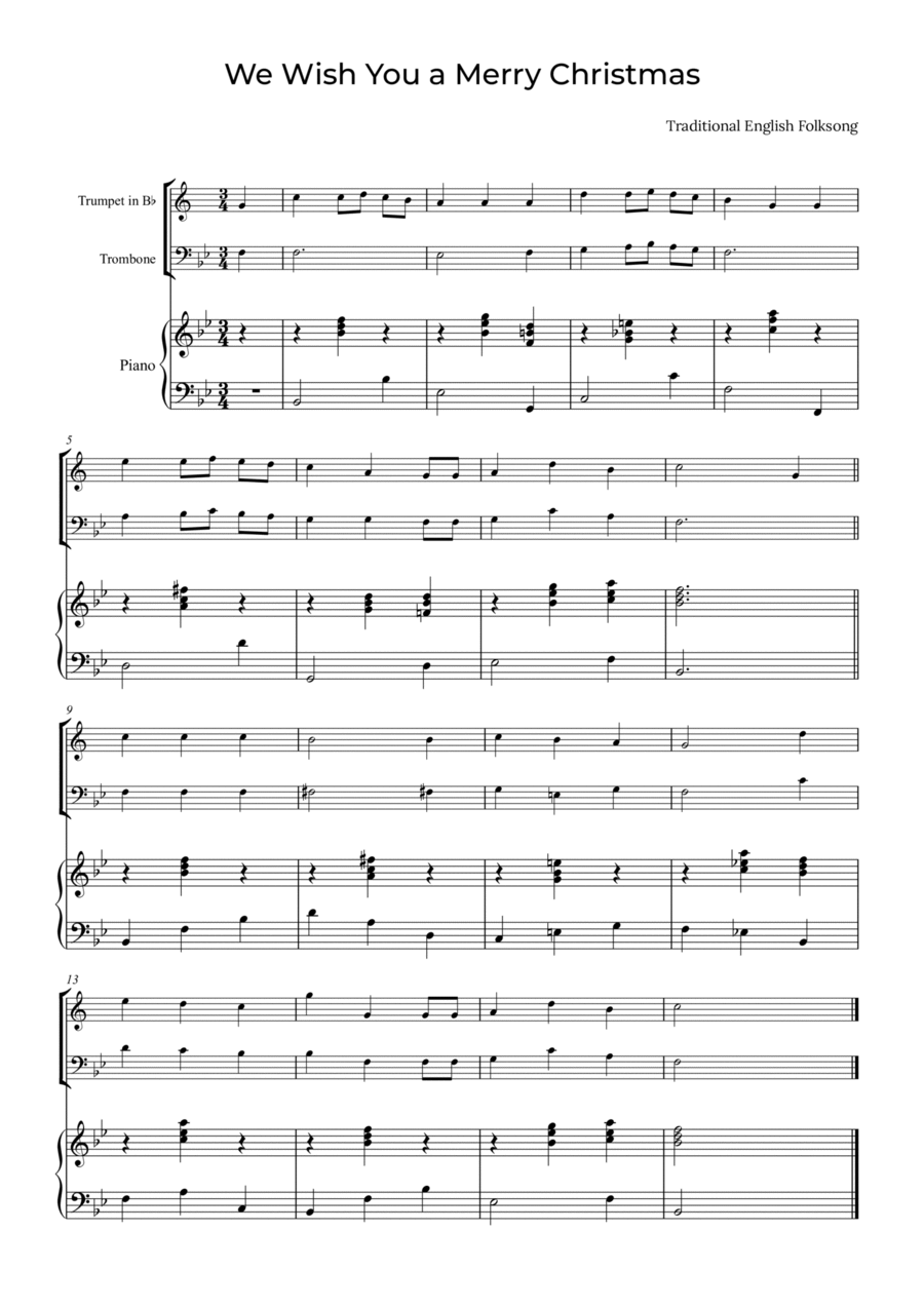 We Wish You a Merry Christmas - Trumpet and Trombone with piano Brass Duet scores gallery preview page 1