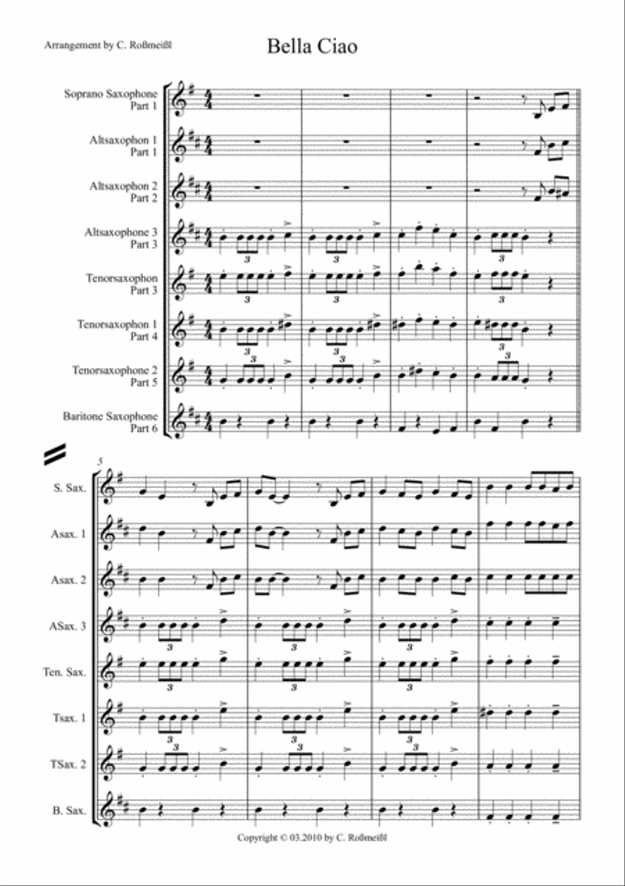 Bella Ciao for Saxophonensemble Saxophonquintet Saxophonsextet Woodwind Quintet scores gallery preview page 2