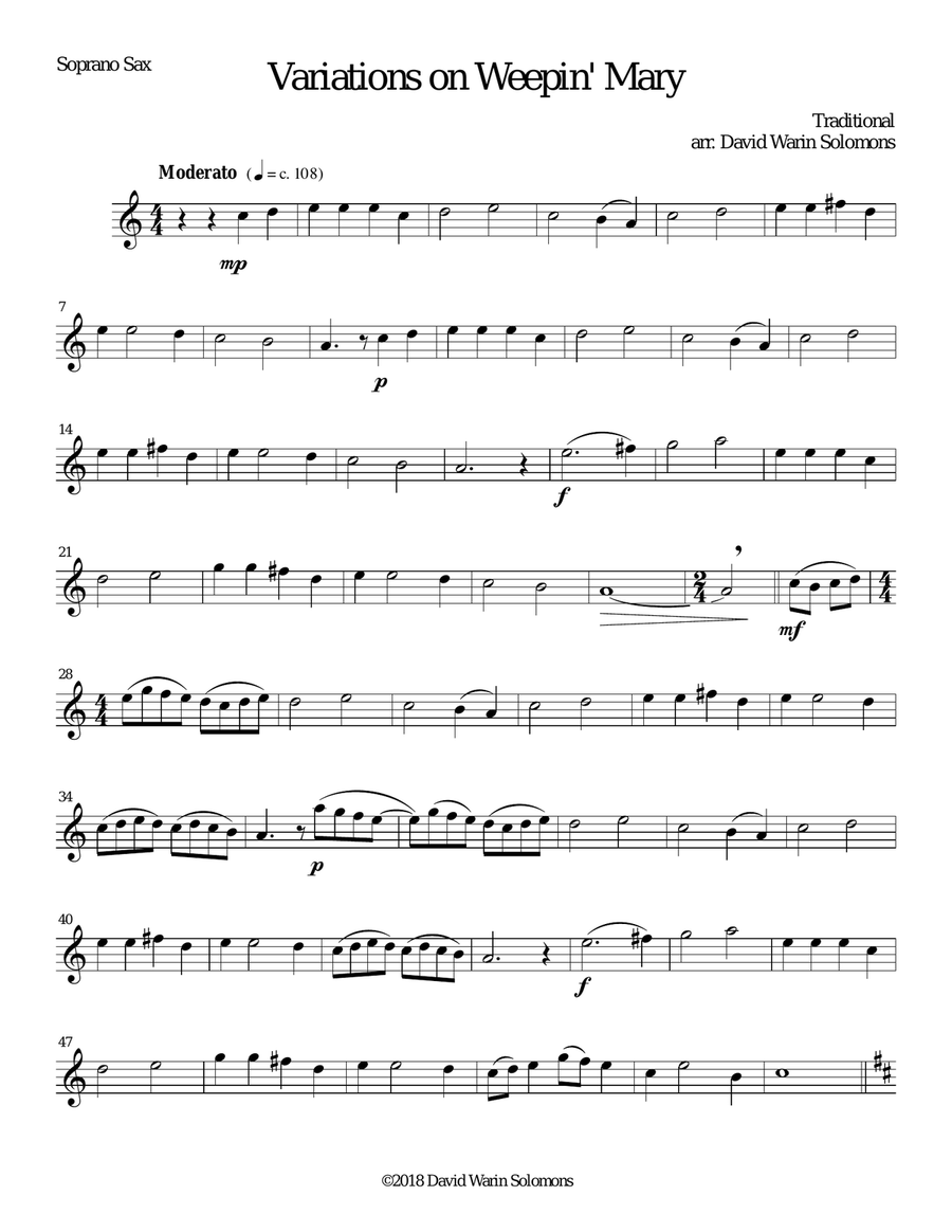 Variations on Weepin' Mary for saxophone quartet Saxophone Quartet scores gallery preview page 6