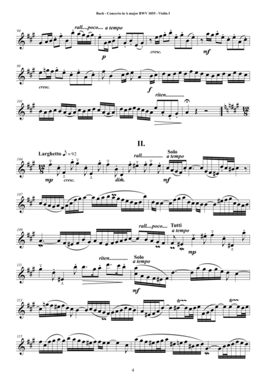 Bach - Concerto in A major BWV 1055 for String Quartet - Complete Parts image number null