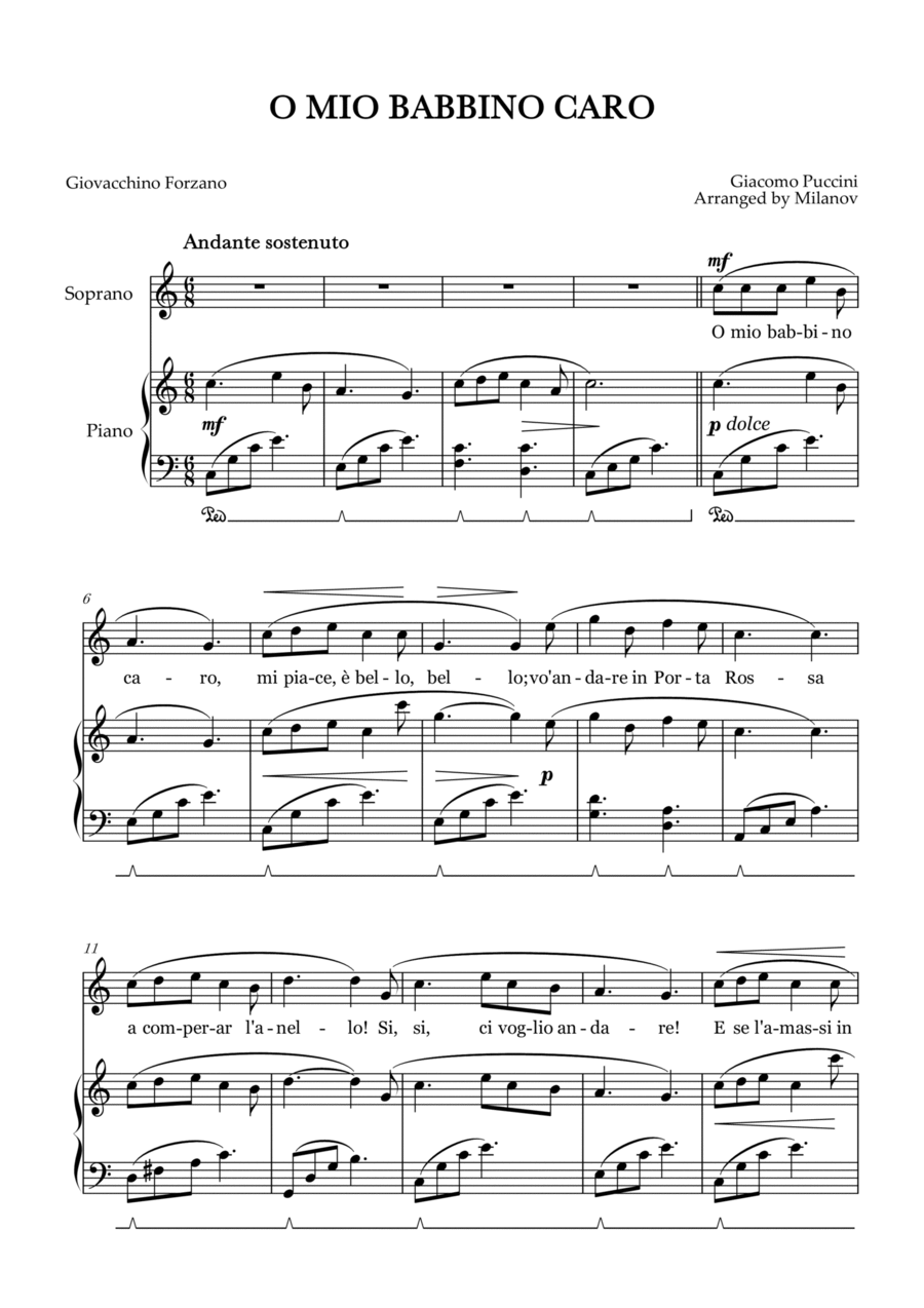 O Mio Babbino Caro | Female Voice Soprano | C Major | Piano accompaniment | Pedal