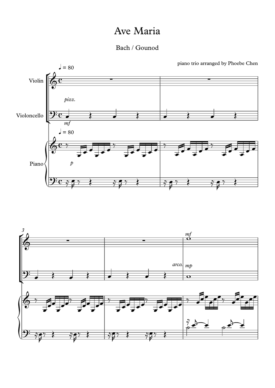 Ave Maria ( by J.S.Bach & Charles Gounod) trio for violin, cello and piano Piano Trio scores gallery preview page 1