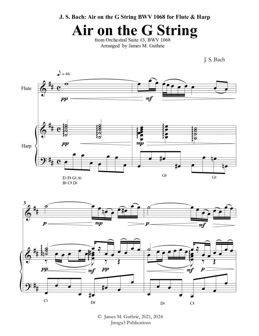 Bach: Air on a G String for Flute & Harp Flute scores gallery preview page 1