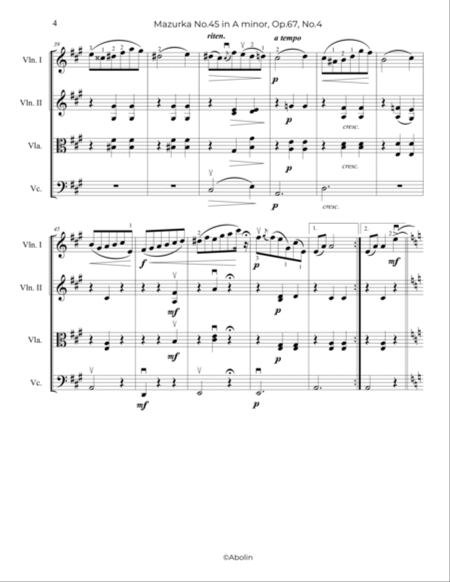 Chopin: Mazurka No.45, Op.67, No.4 - String Quartet String Quartet scores gallery preview page 5