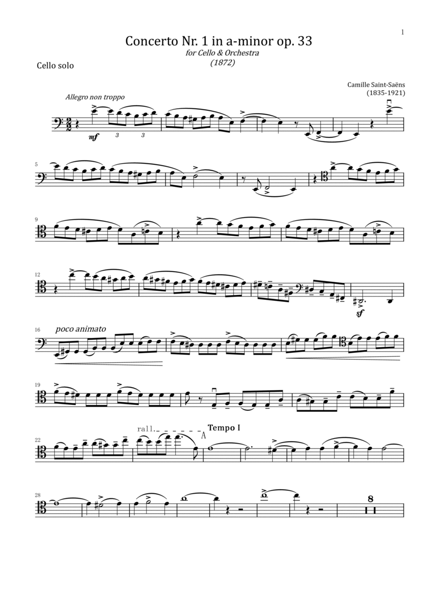 Saint-Saëns Cello Concerto No.1, Op.33 - For Cello Solo Original Cello Solo scores gallery preview page 1