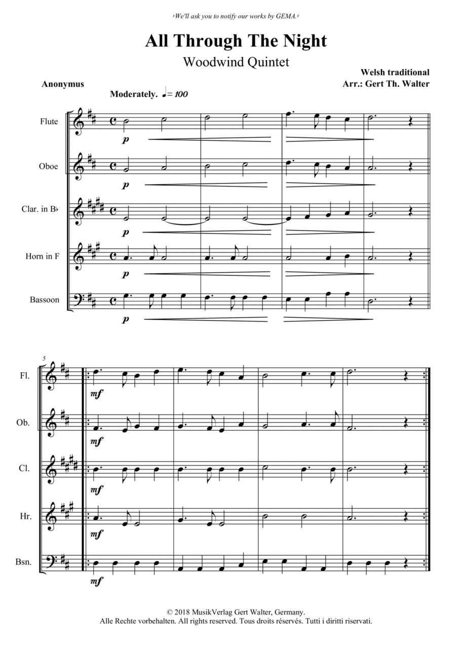 All Through The Night Woodwind Quintet scores gallery preview page 1