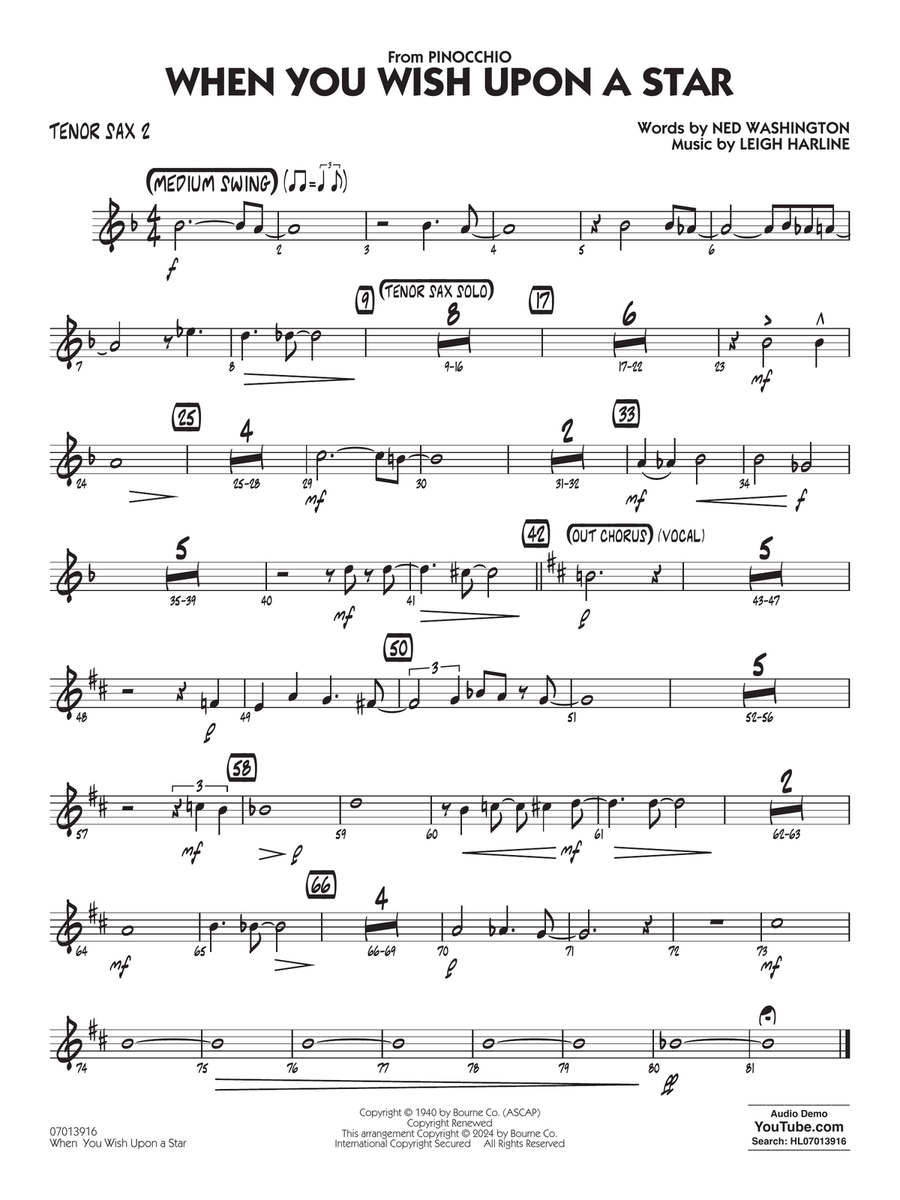 When You Wish Upon A Star (Key: C) (arr. Chuck Israels) - Tenor Sax 2