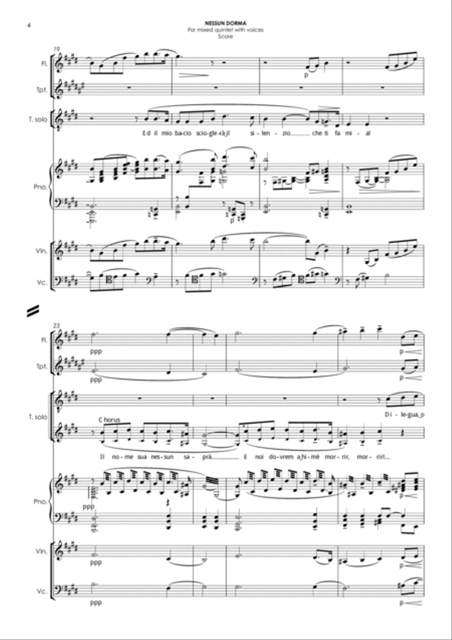NESSUN DORMA (in E) - for voices & flexible quintet Small Ensemble scores gallery preview page 4