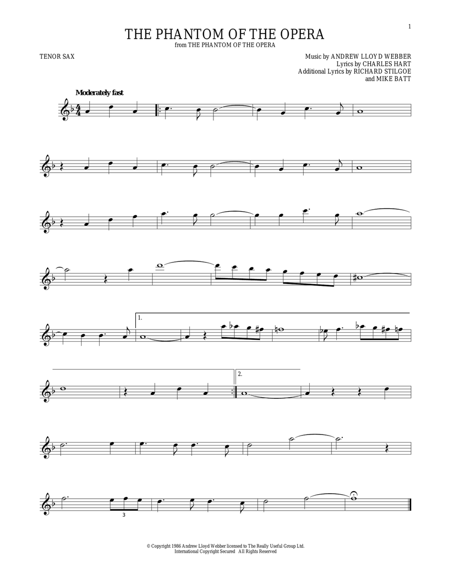 The Phantom Of The Opera Tenor Saxophone scores gallery preview page 1