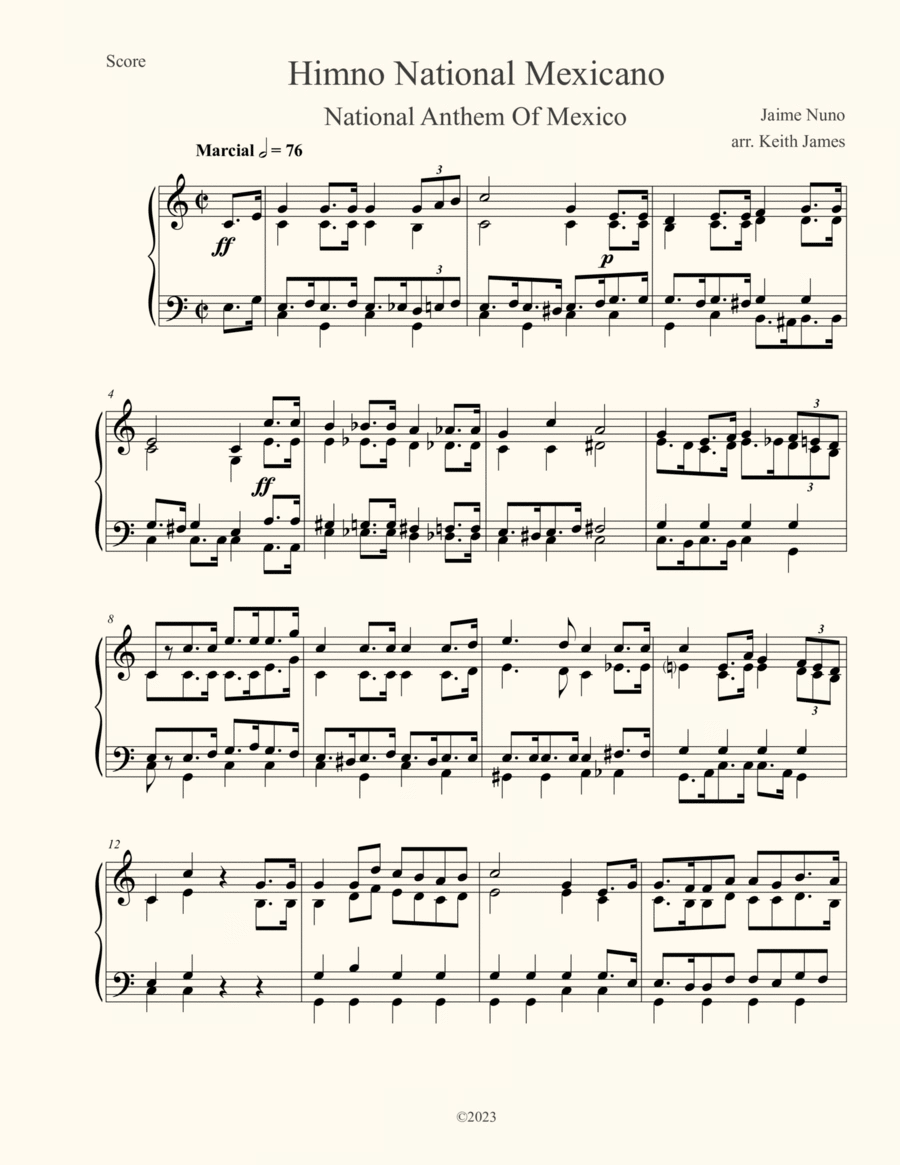 Mexicanos al Grito de Guerra, Himno Nacional Mexicano, National Hymn Of Mexico Piano Solo scores gallery preview page 1