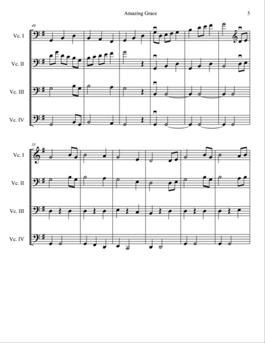 Amazing Grace for Cello Quartet Cello scores gallery preview page 5