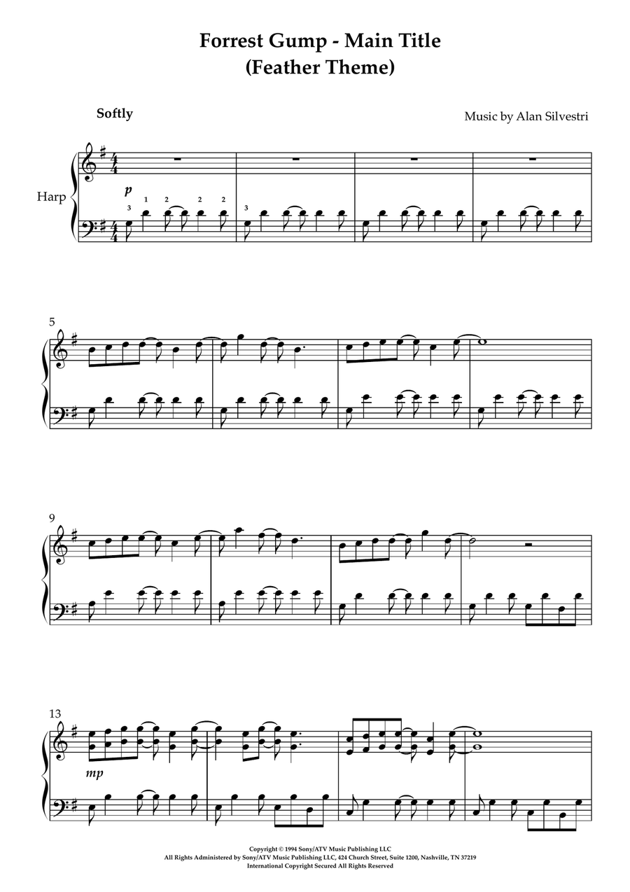 Forrest Gump - Main Title (feather Theme) Harp scores gallery preview page 2