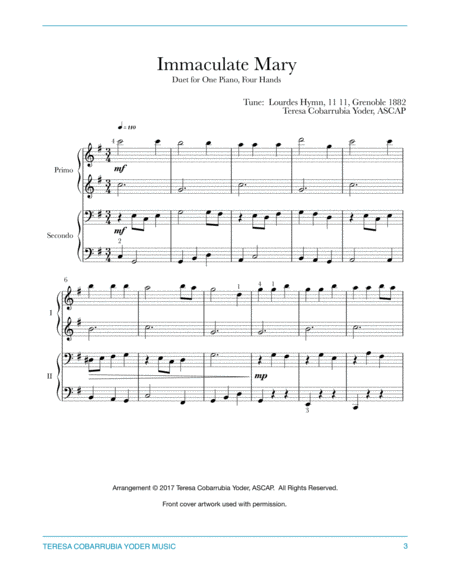 Immaculate Mary - An Easy Piano Duet Arrangement for 1 Piano, 4 Hands image number null