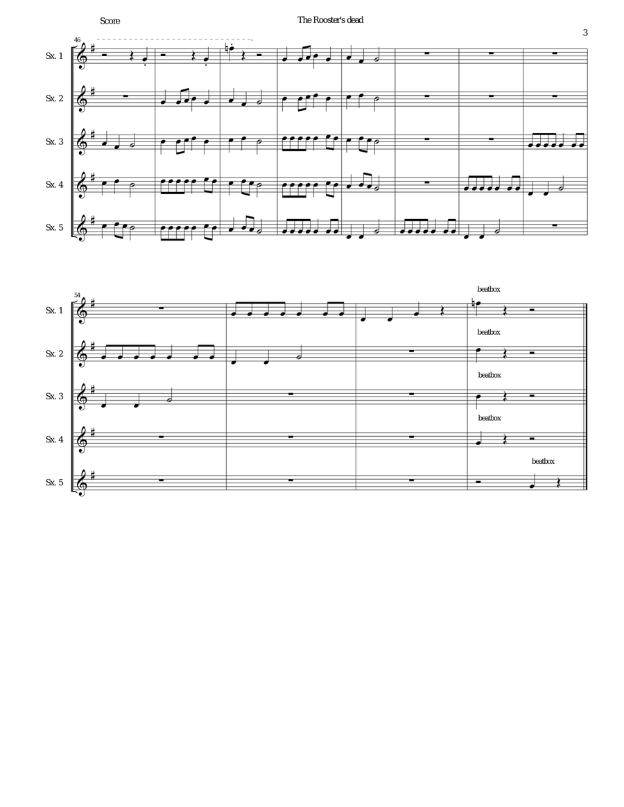 The Rooster's Dead (Le coq est mort) canon for 5 saxophones with beatboxing Saxophone Quintet scores gallery preview page 3