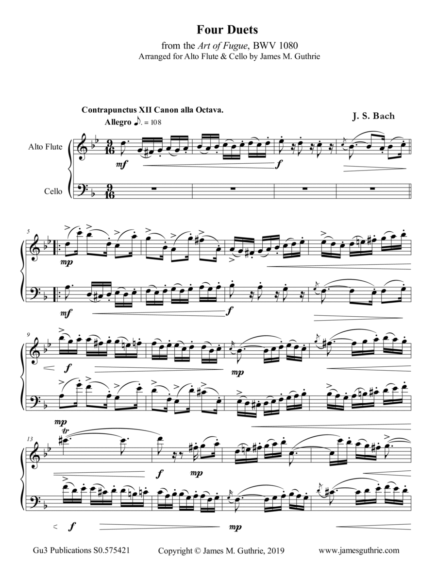 Bach: Four Duets from the Art of Fugue for Alto Flute & Cello image number null