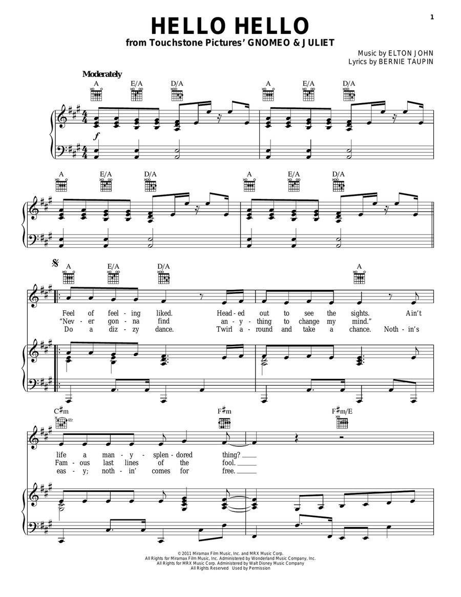 Hello Hello Piano, Vocal, Guitar scores gallery preview page 1