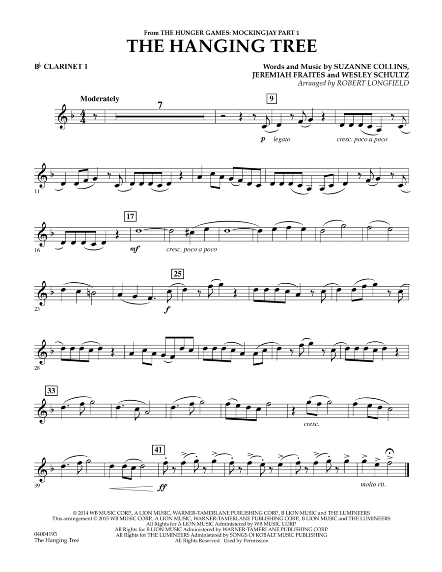 The Hanging Tree (from The Hunger Games: Mockingjay Part 1) - Bb Clarinet 1 Concert Band scores gallery preview page 1