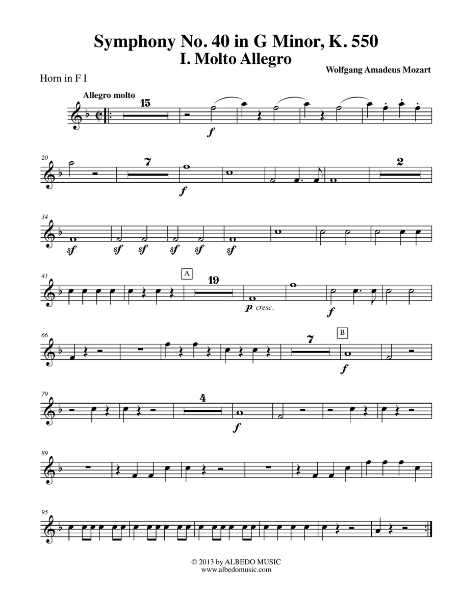 Mozart Symphony No. 40, Movement I - Horn in F 1 (Transposed Part), K. 550 Horn Solo scores gallery preview page 1