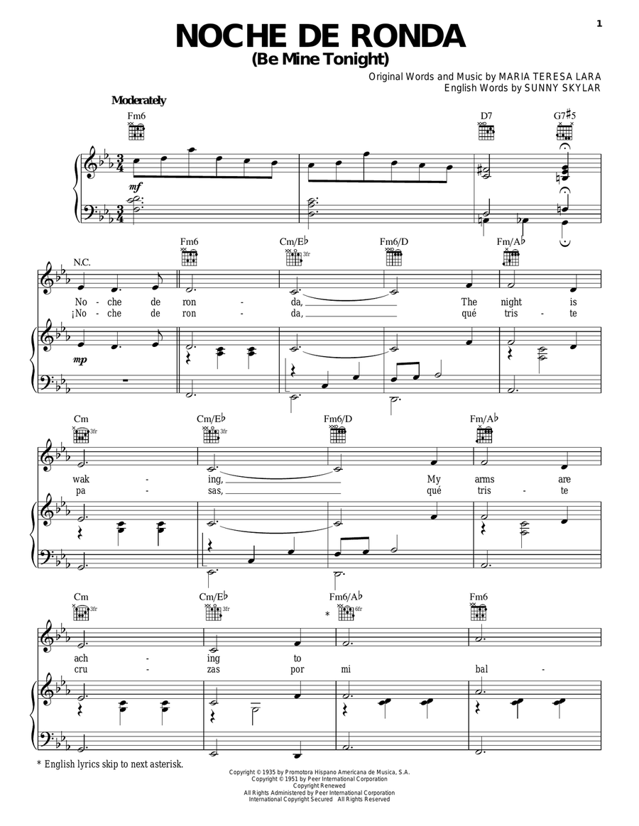 Noche De Ronda (Be Mine Tonight) Piano, Vocal, Guitar scores gallery preview page 1