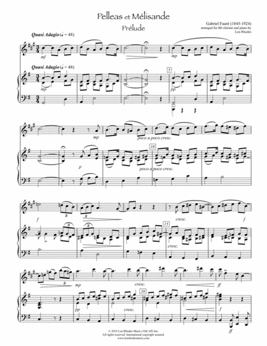 Fauré - Pelleas et Mélisande, Prélude - for Clarinet and Piano
