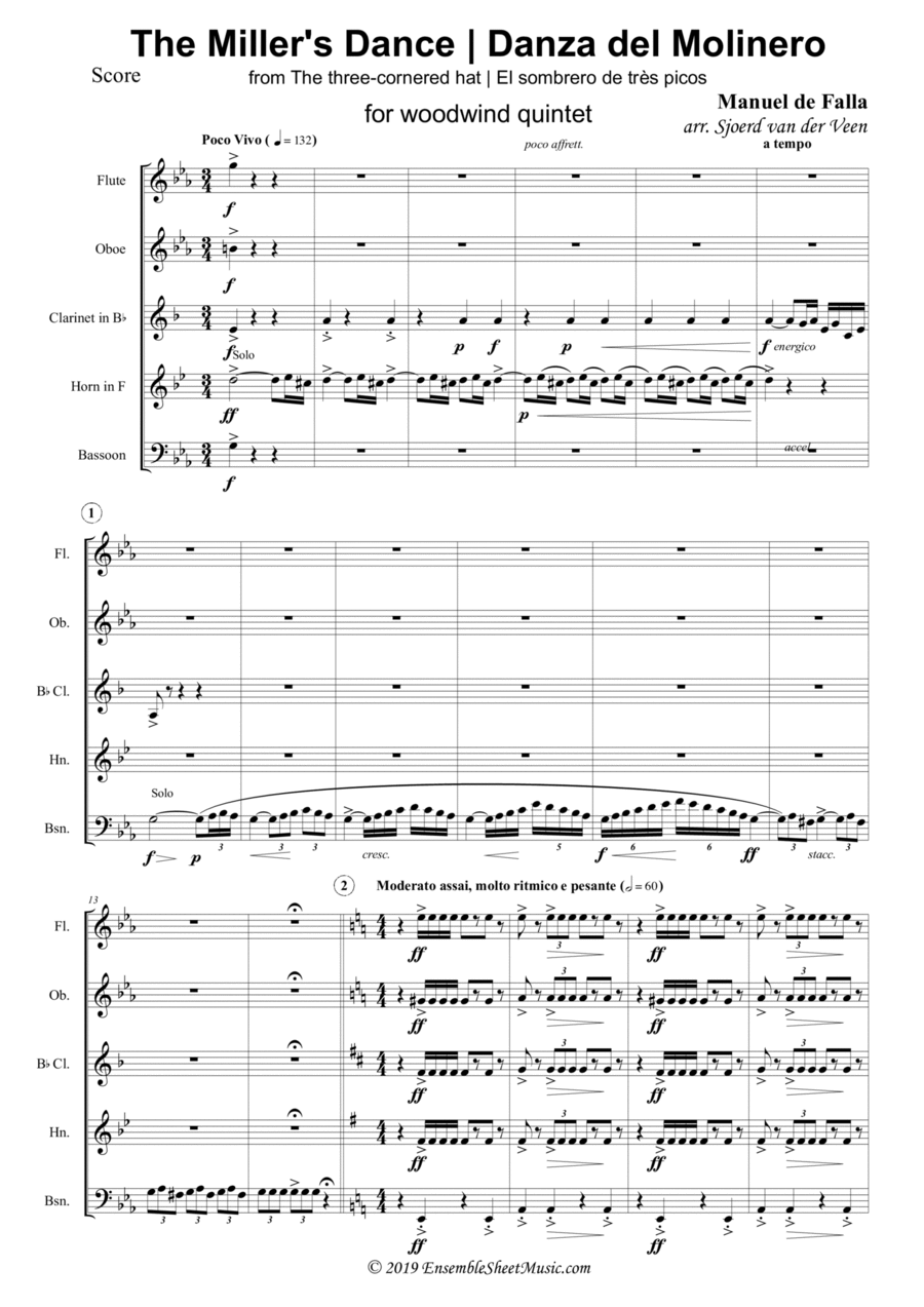 Dance of the Miller (Danza del Molinero) from from The Three-Cornered Hat Woodwind Quintet scores gallery preview page 1