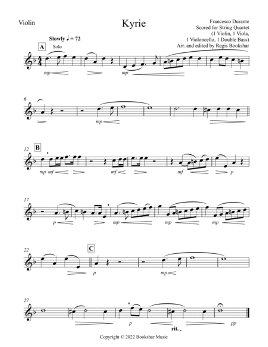 Kyrie (Durante) (String Quartet - 1 Violin, 1 Viola, 1 Cello, 1 Bass)