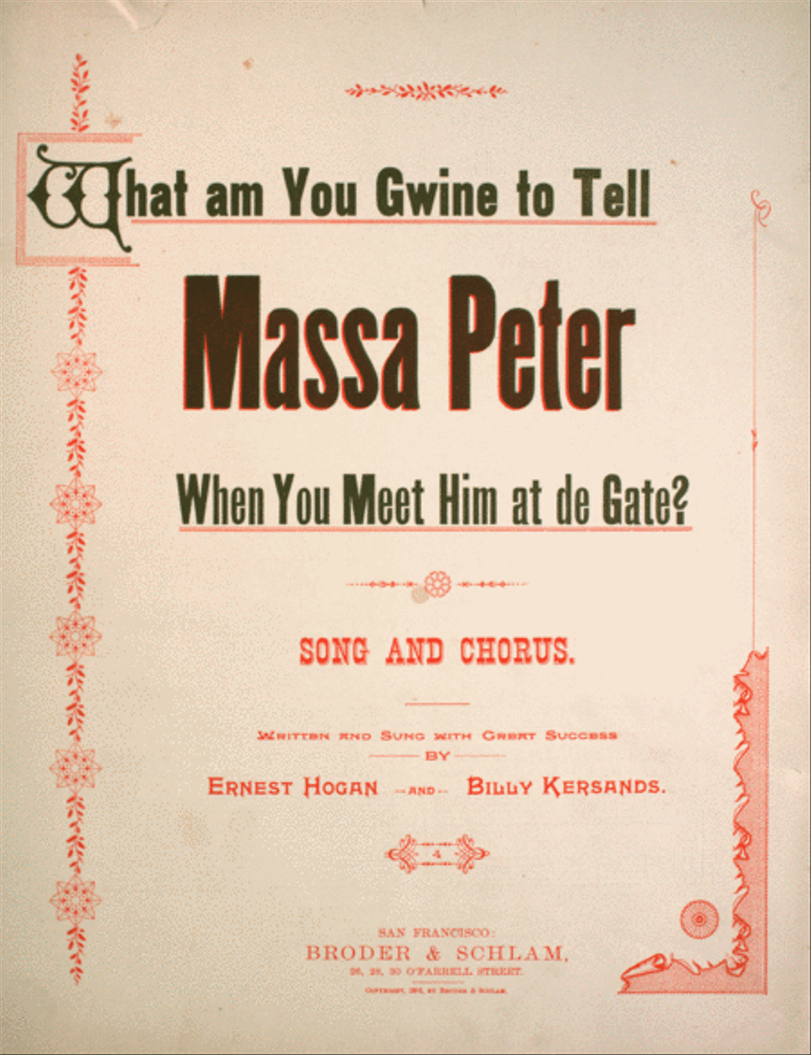 What am You Gwine to Tell Massa Peter When You Meet Him at de Gate? Song and Chorus Choir scores gallery preview page 1