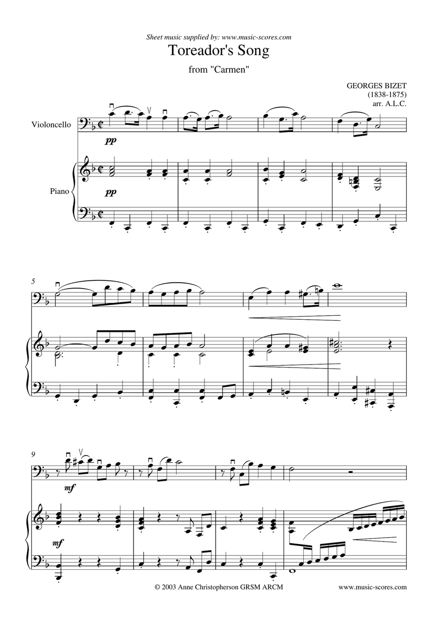 The Toreador Song from Carmen (short version) - Cello and Piano Piano scores gallery preview page 1