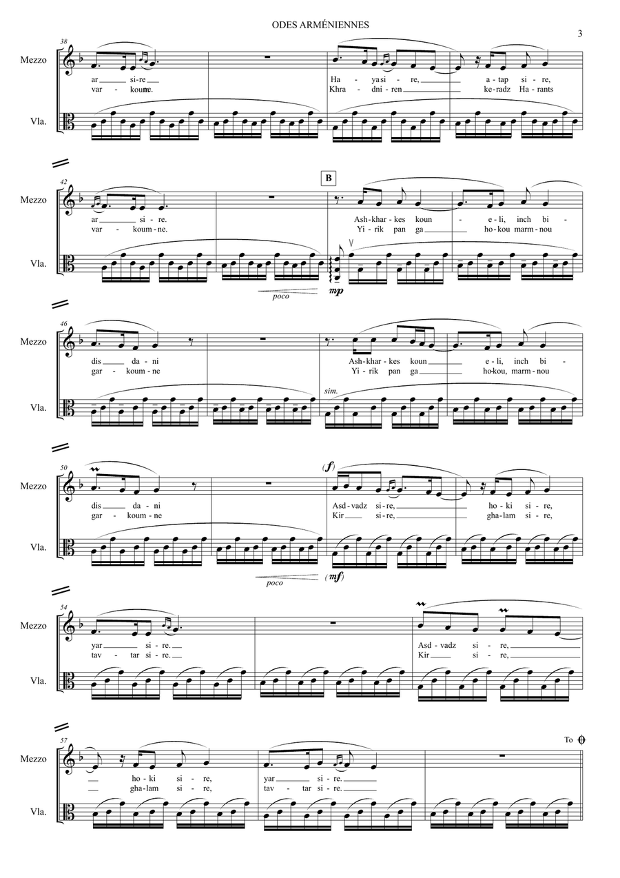 Odes Armeniennes (Armenian Odes), for duduk/english horn, voice, and viola Small Ensemble scores gallery preview page 3