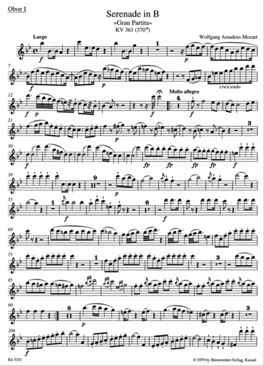 Serenade for 2 Oboes, 2 Clarinets, 2 Bassett Horns (4 Clarinets), 4 Horns, 2 Bassoons and Double Bass B flat major KV 361 (370a) 'Gran Partita'