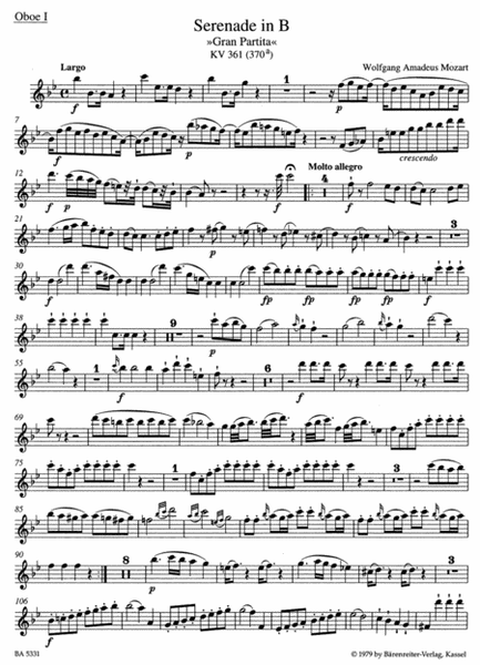 Serenade for 2 Oboes, 2 Clarinets, 2 Bassett Horns (4 Clarinets), 4 Horns, 2 Bassoons and Double Bass B flat major KV 361 (370a) 'Gran Partita'