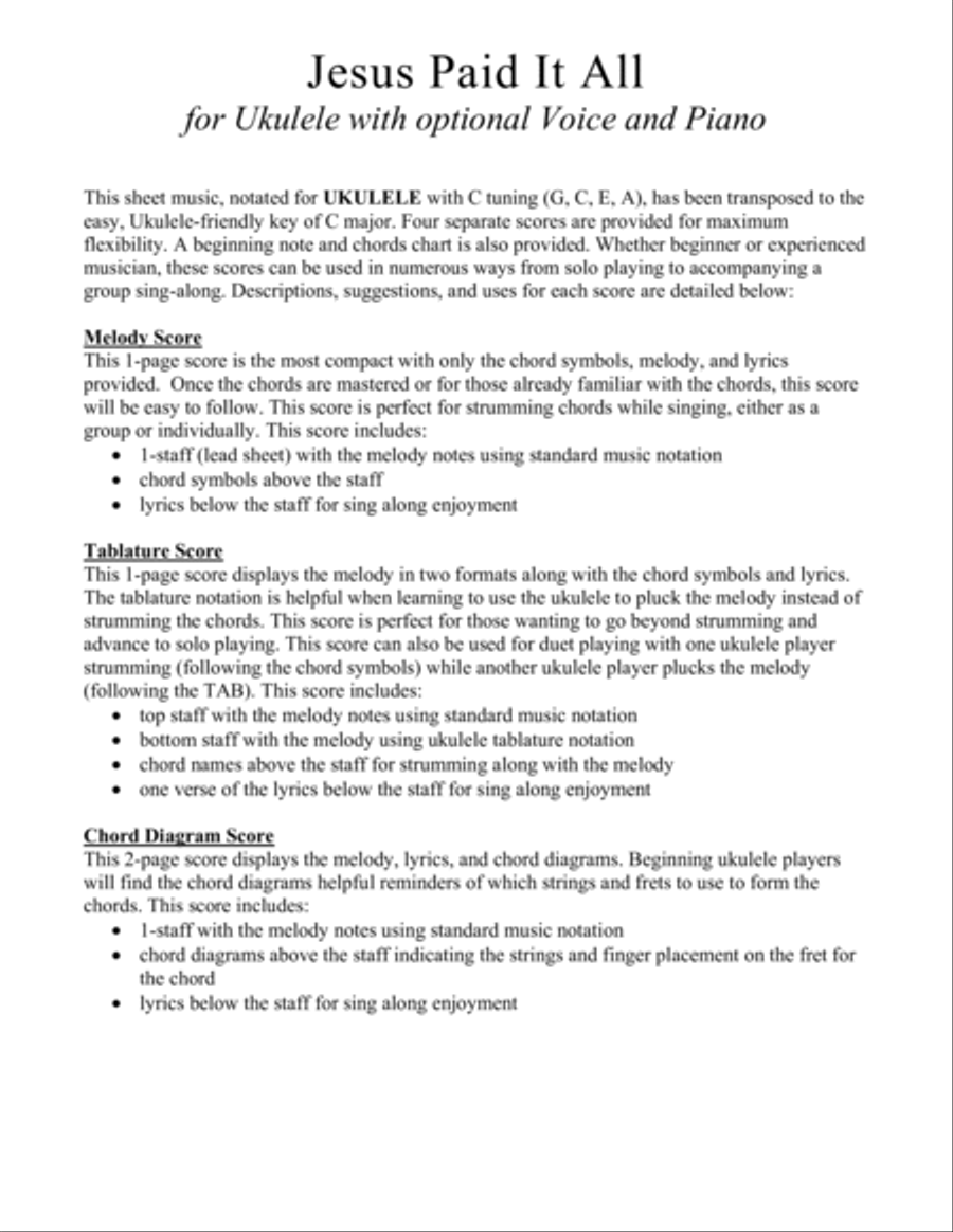 Jesus Paid It All for Ukulele (Chords, TAB, Melody, and Lyrics with optional Piano Accompaniment) Voice scores gallery preview page 2