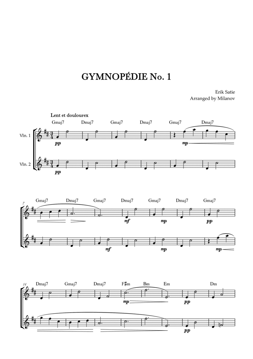 Gymnopédie no 1 | Violin Duet | Original Key | Chords | Easy intermediate image number null