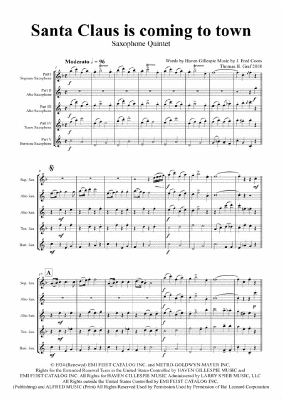 Santa Claus Is Comin' To Town Saxophone Quintet scores gallery preview page 1