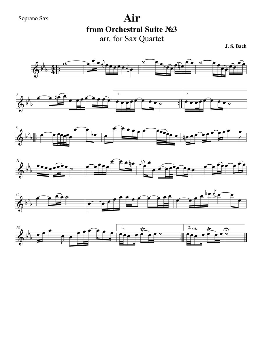 J. S. Bach - Air from Orchestral Suite No.3 in D major, arr. for Sax Quartet Woodwind Quartet scores gallery preview page 3