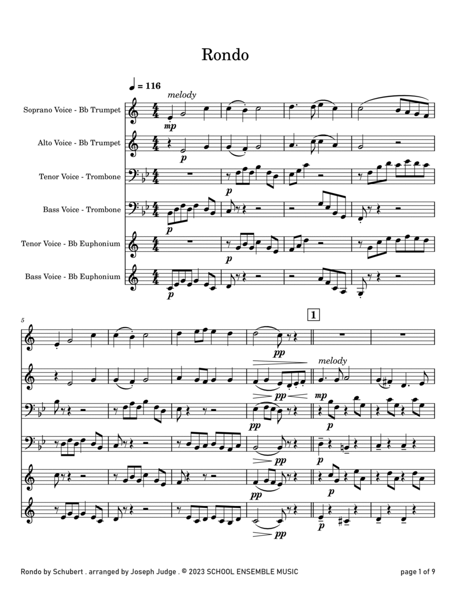 Rondo by Schubert for Brass Quartet in Schools Brass Quartet scores gallery preview page 1