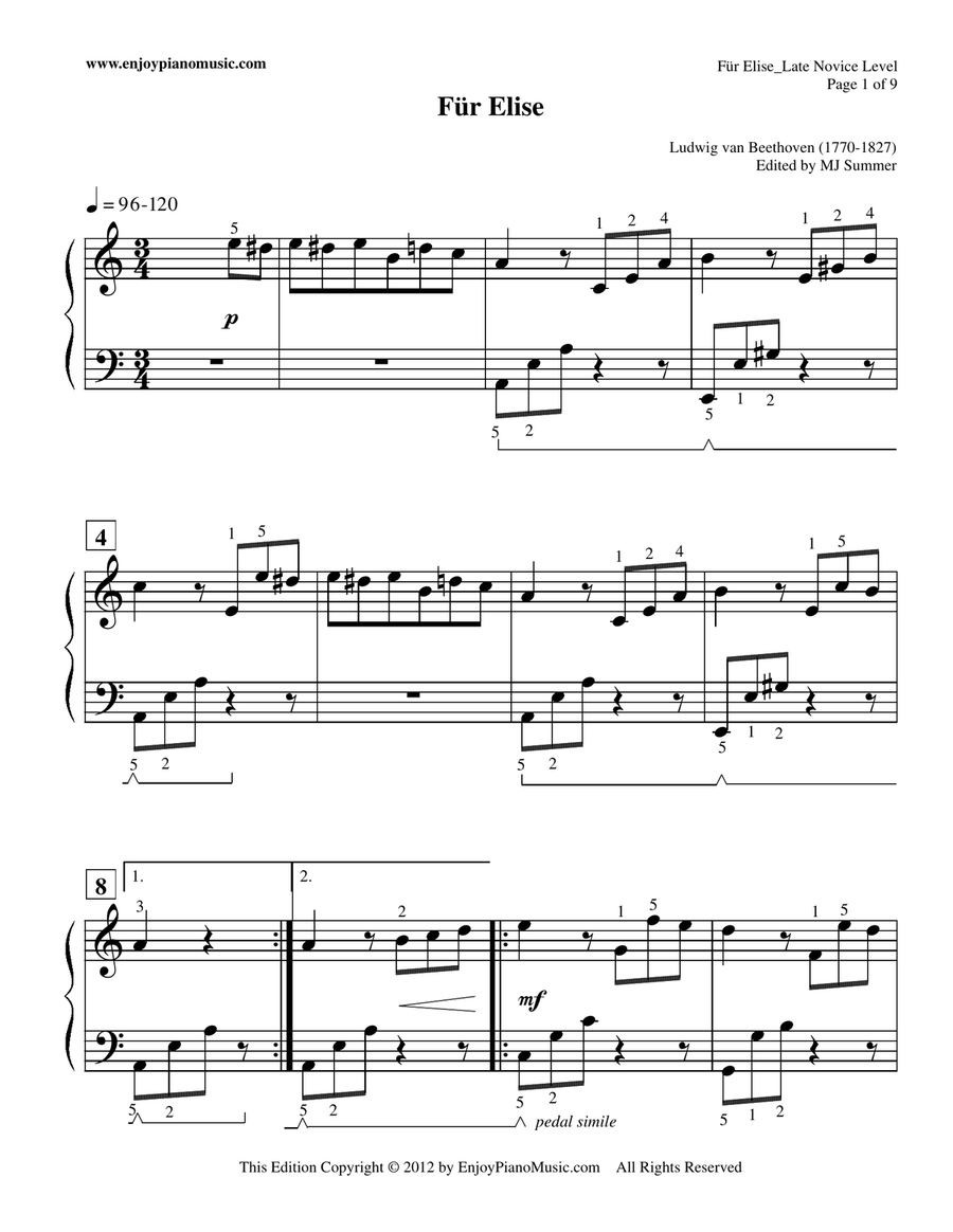 Fur Elise--original piano solo re-written in 3/4 time signature Piano Method scores gallery preview page 1