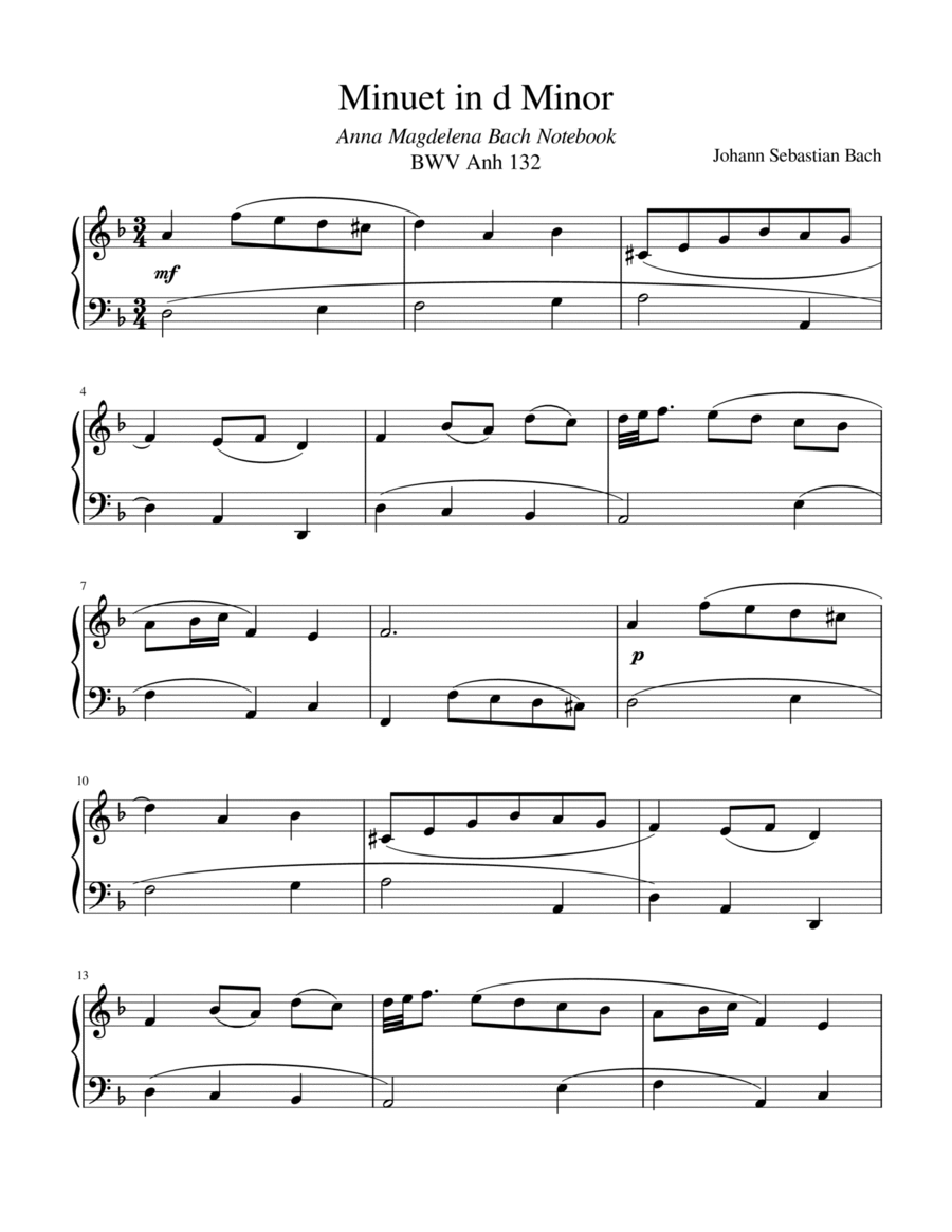 Bach: Minuet in d Minor (BWV Anh. 132) - For Easy Piano Easy Piano scores gallery preview page 1