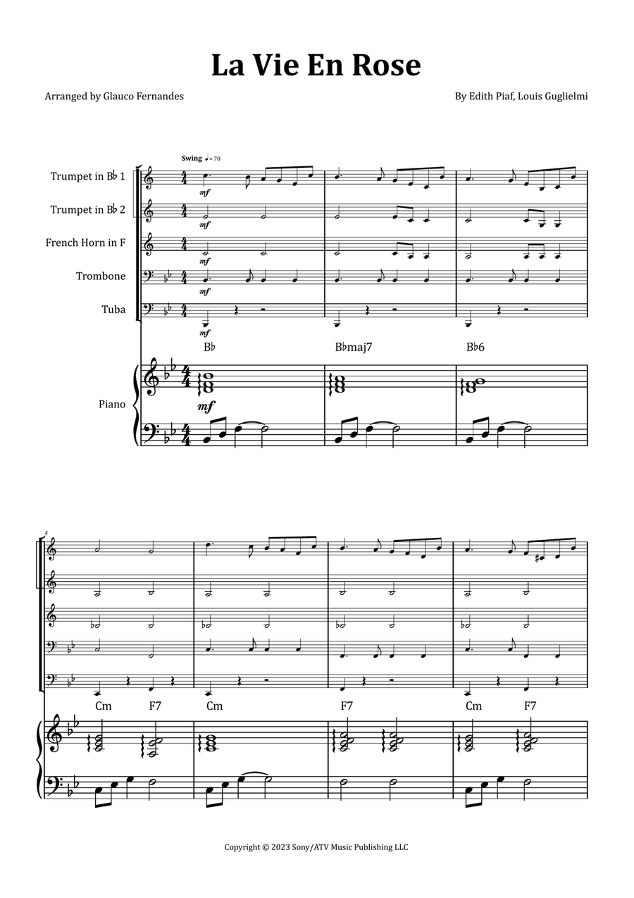 La Vie En Rose by Edith Piaf Brass Quintet - Digital Sheet Music