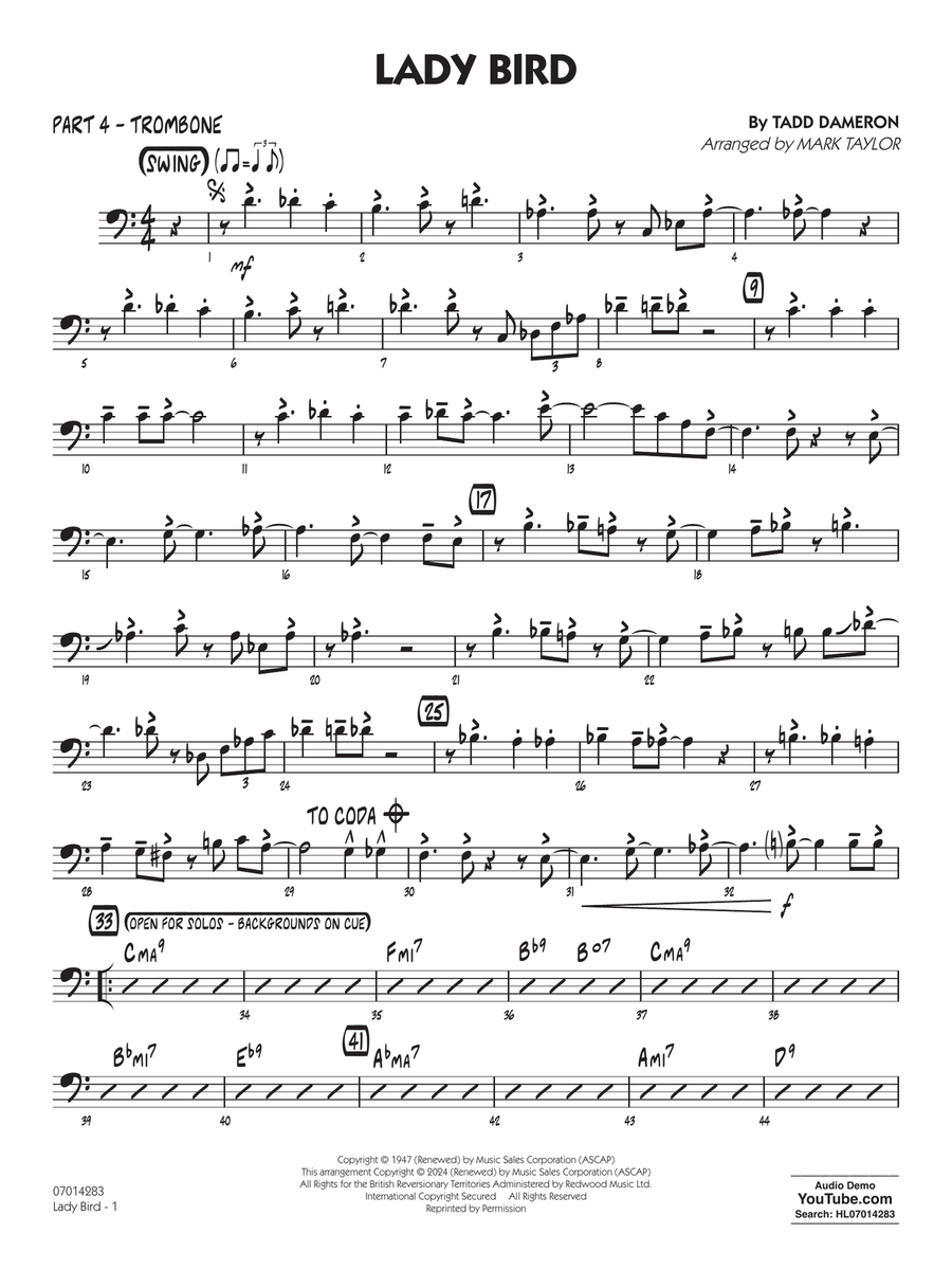 Lady Bird (arr. Mark Taylor) - Part 4 - Trombone