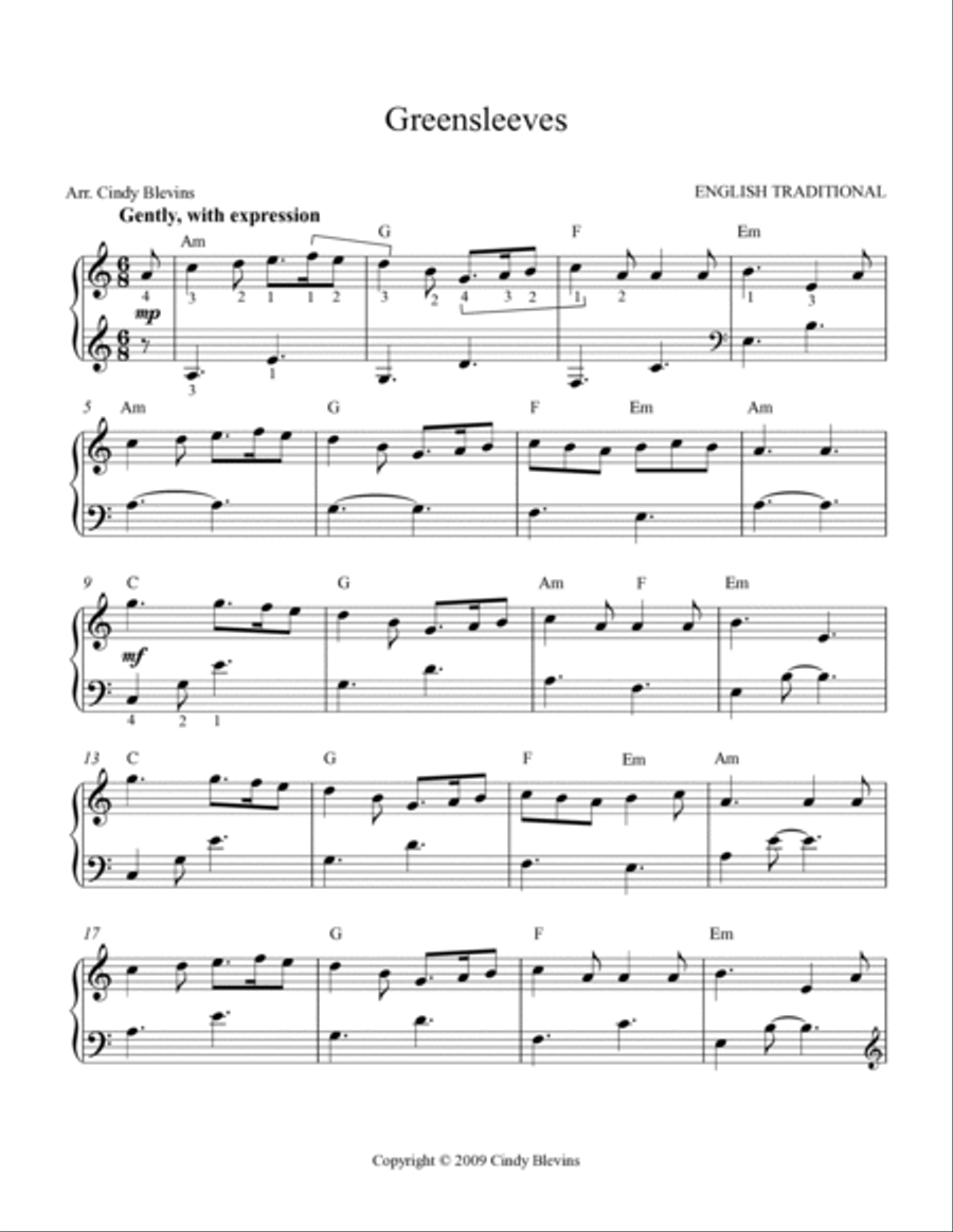 Greensleeves, for Easy Harp Solo Harp scores gallery preview page 2