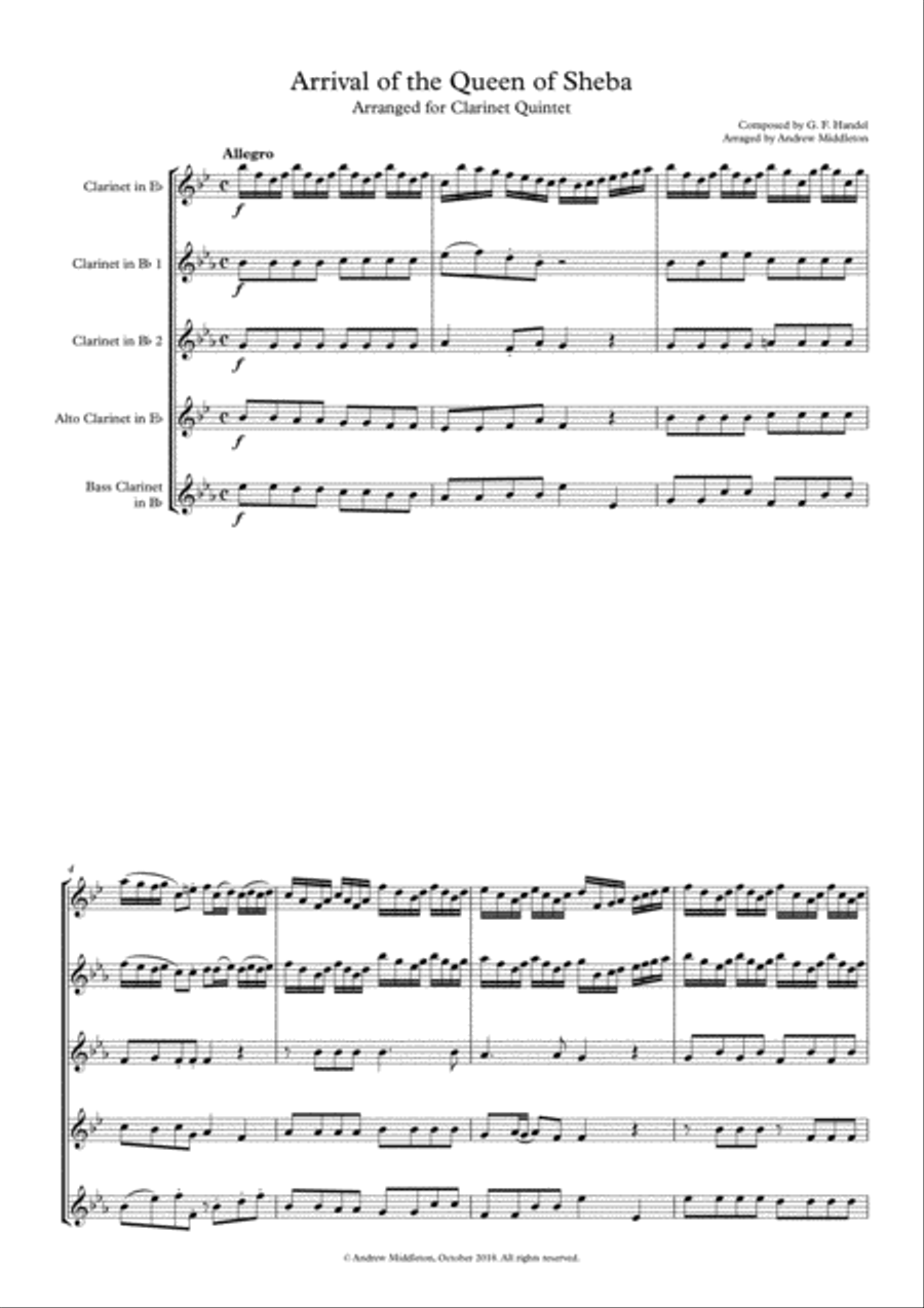Arrival of the Queen of Sheba arranged for Clarinet Quintet Clarinet Quintet scores gallery preview page 3