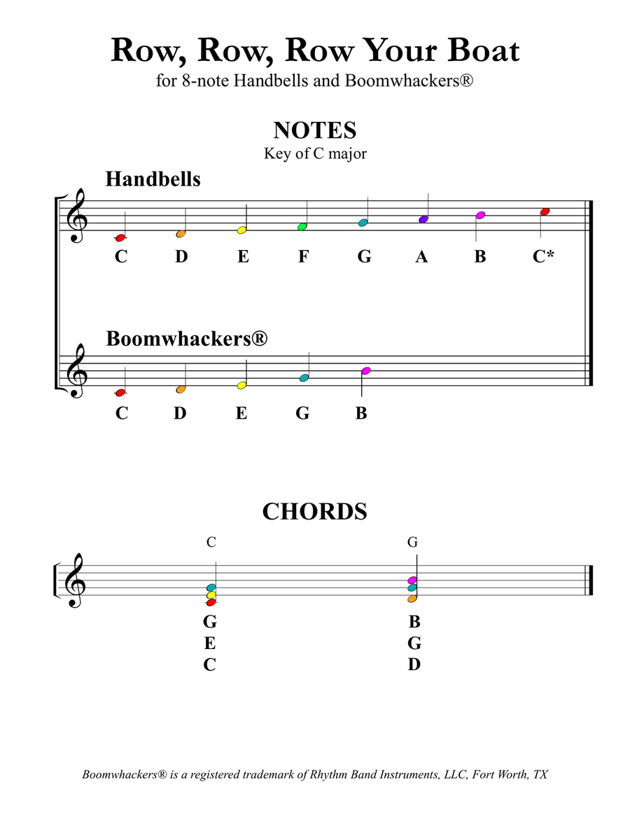 Row, Row, Row Your Boat (for 8-note Bells and Boomwhackers with Color Coded Notes) Handbell Choir scores gallery preview page 3
