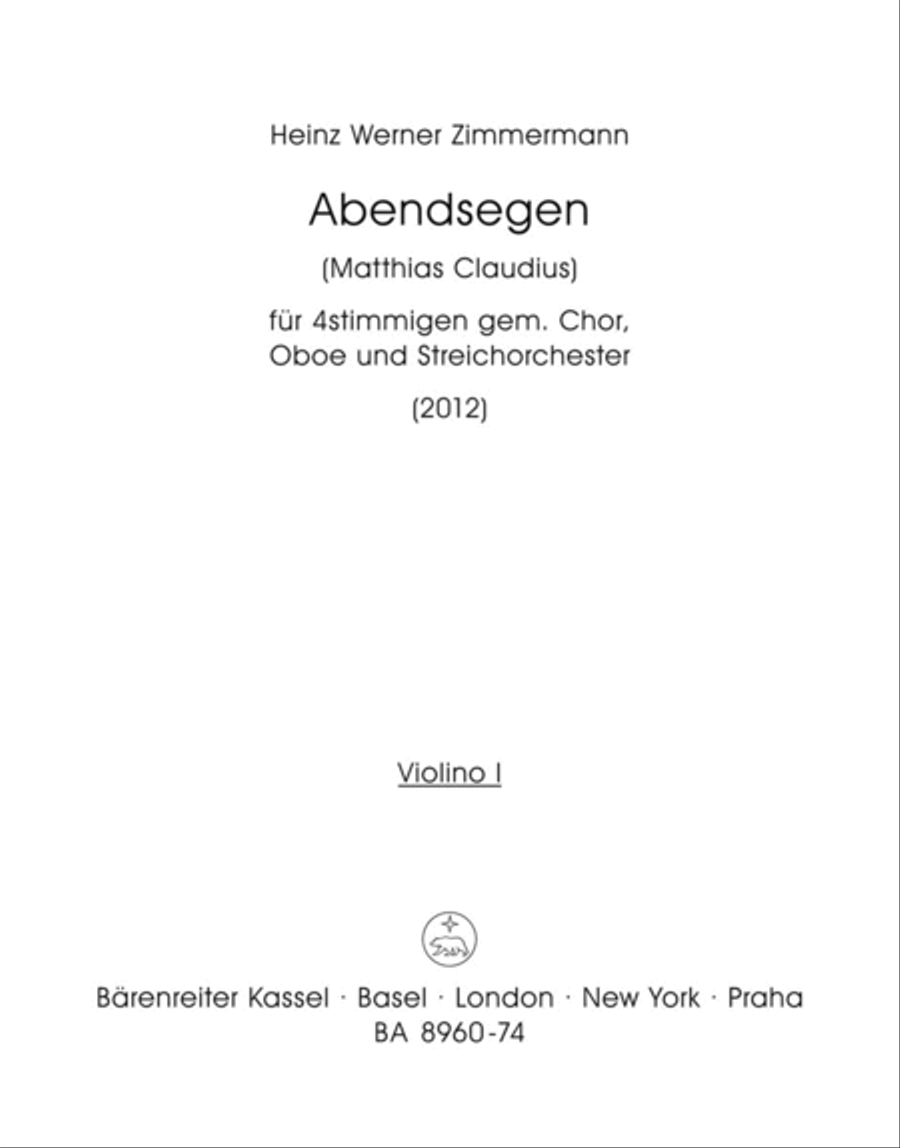 Abendsegen for Four-Part Mixed Choir, Oboe and String Orchestra (2012) 4-Part scores gallery preview page 1