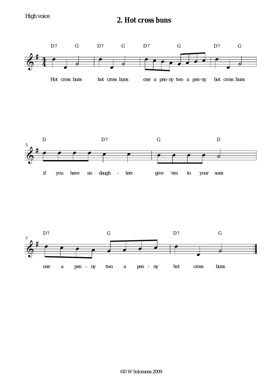 Hot cross buns arranged for high voice, medium voice or low voice with guitar chord accompaniments