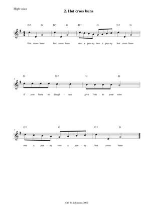 Hot cross buns arranged for high voice, medium voice or low voice with guitar chord accompaniments