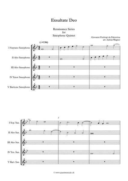 Exsultate Deo (Giovanni Pierluigi da Palestrina) Saxophone Quintet arr. Adrian Wagner image number null